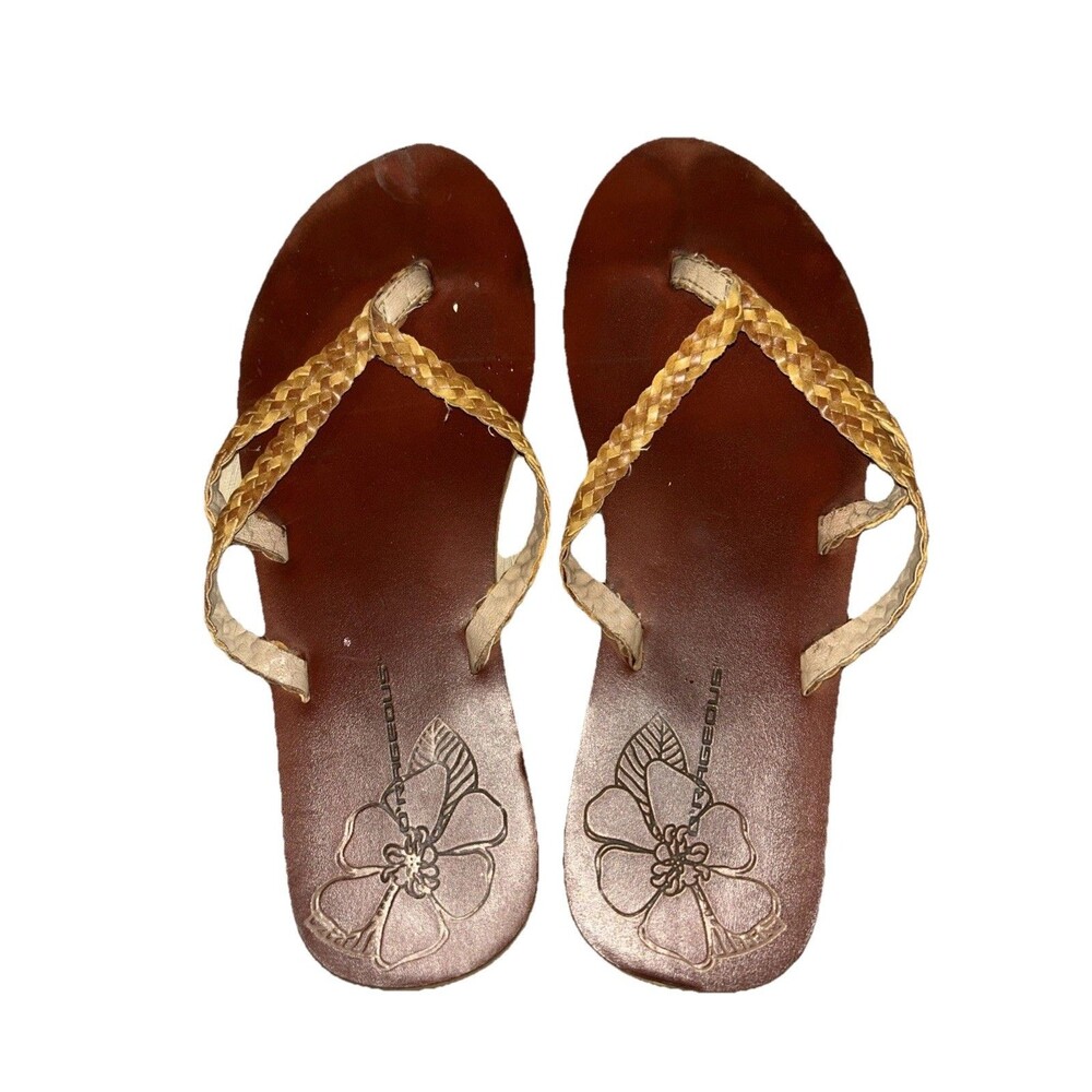 Vintage Y2K Boho Leather Sandals Womens 7 Braided Gold Straps Hibiscus Flower